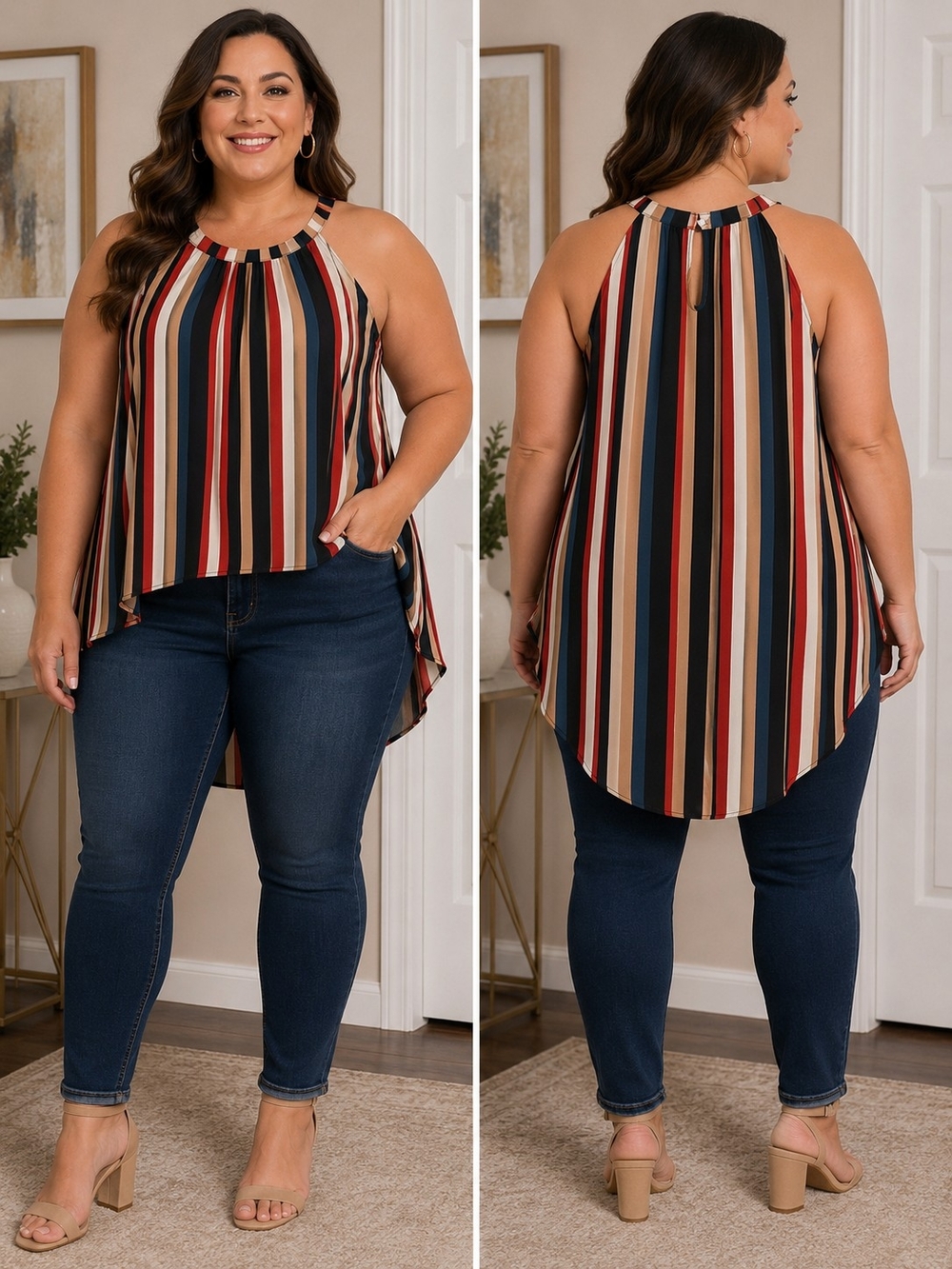 Plus Size Striped Halter Tank Top in Multi